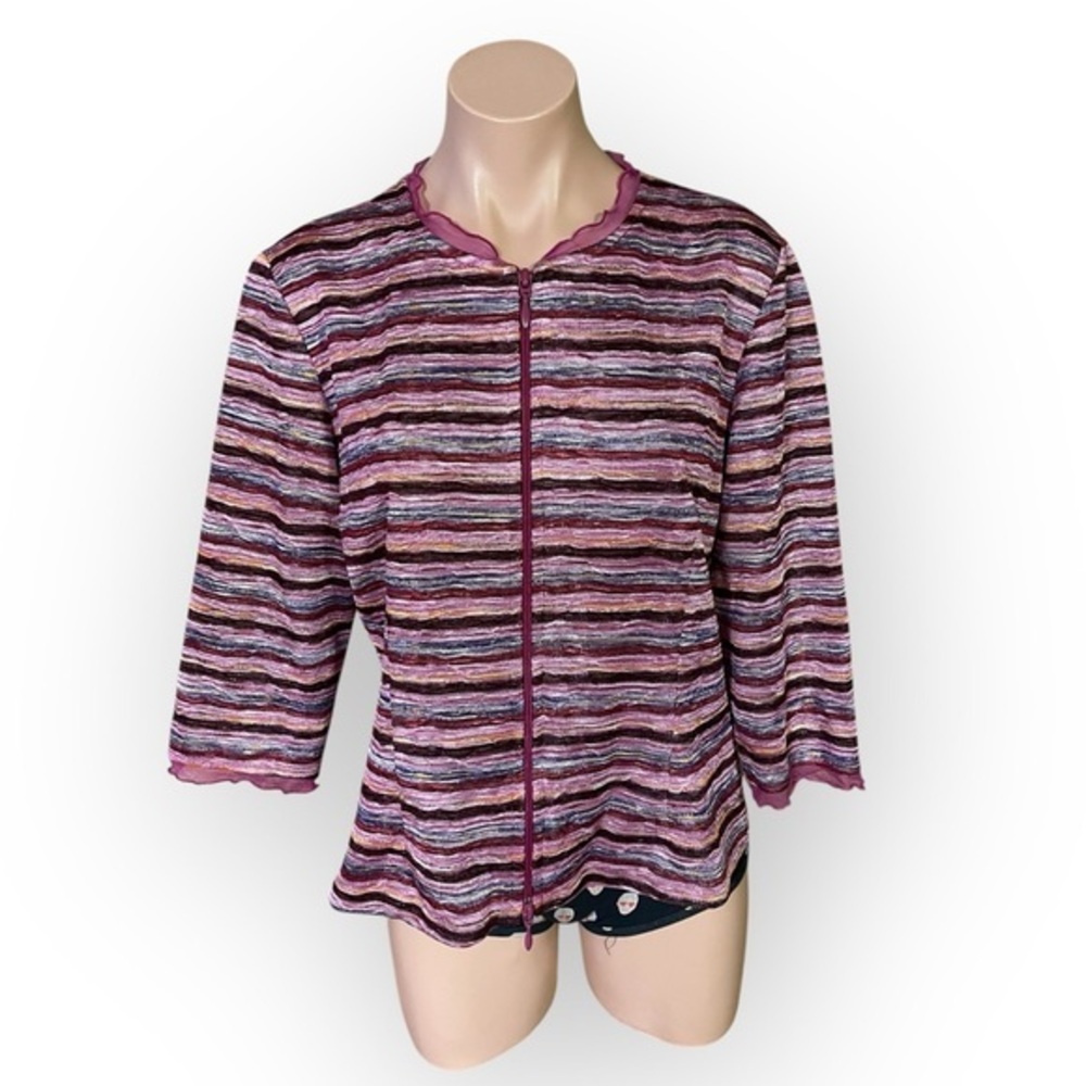 Joseph Ribkoff Sz 14 Striped Full-Zip Cardigan Jacket 3/4-Sleeve Scalloped Trim